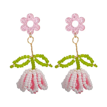 DAIIIBABYYY  -  New Handmade Bead Pink Flower Bouquet Pendant Earrings For Women Aesthetic Vacation Party Scene Accessories